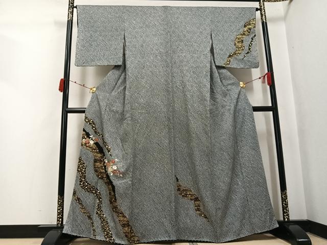 平和屋着物●訪問着 絞り 刺繍 草花文 黒地 金彩 正絹 逸品 未使用 AABK2228ph