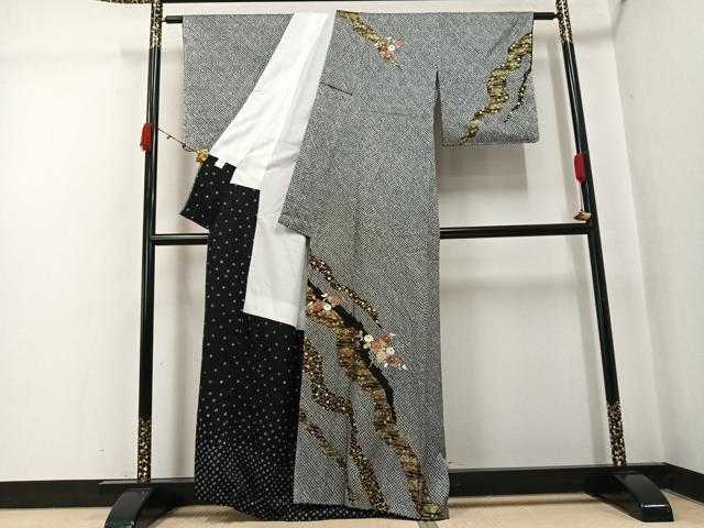 平和屋着物●訪問着 絞り 刺繍 草花文 黒地 金彩 正絹 逸品 未使用 AABK2228ph