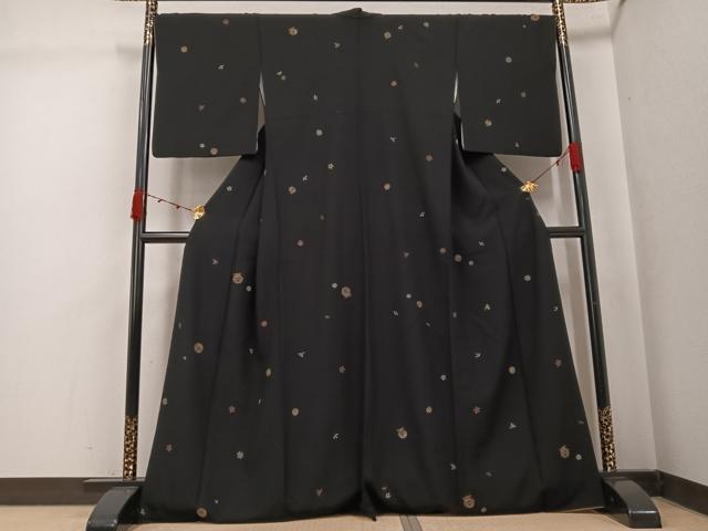平和屋着物●上質な小紋 総刺繍 鈴 花 黒地 金糸 正絹 逸品 AABK2237ph