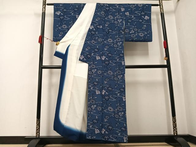 平和屋着物●本藍 型絵染 小紋 花鳥文 鬼しぼ縮緬 正絹 逸品 AABK2247ph