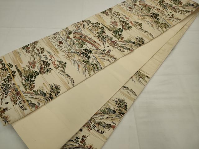 平和屋着物◎六通柄袋帯 唐織 風景文 金糸 正絹 逸品 AABK2281pf