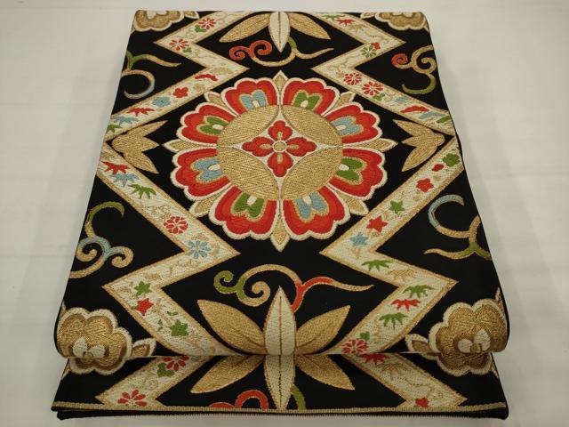 平和屋着物◎六通柄袋帯 唐織 松皮菱花文 黒地 金糸 正絹 逸品 AABK2284pf