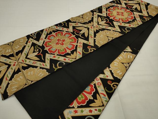 平和屋着物◎六通柄袋帯 唐織 松皮菱花文 黒地 金糸 正絹 逸品 AABK2284pf