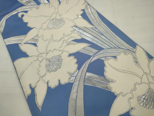 平和屋着物◎六通柄袋帯 草花文 銀糸 正絹 逸品 AABK2290pf