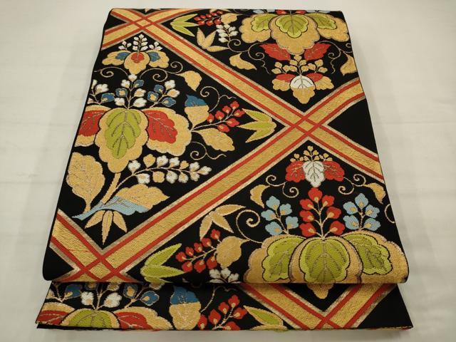 平和屋着物◎六通柄 本袋帯 花菱文 桐 黒地 金糸 正絹 逸品 AABK2306pf