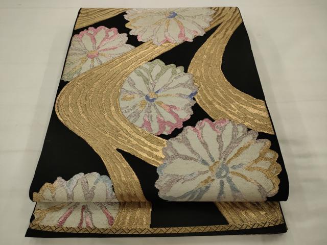 平和屋着物◎六通柄袋帯 流水花文 黒地 金糸 正絹 逸品 AABK2308pf