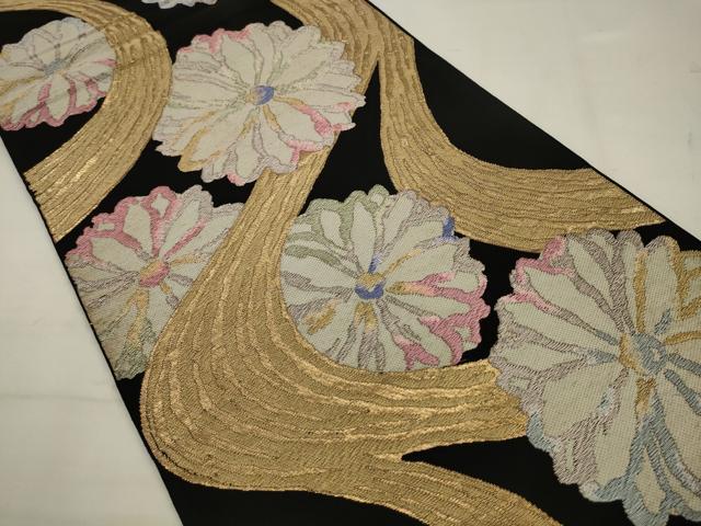 平和屋着物◎六通柄袋帯 流水花文 黒地 金糸 正絹 逸品 AABK2308pf