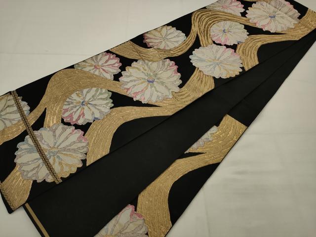 平和屋着物◎六通柄袋帯 流水花文 黒地 金糸 正絹 逸品 AABK2308pf