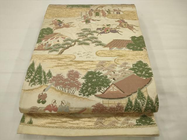 平和屋着物◎六通柄袋帯 唐織 人物風景文 金糸 正絹 逸品 AABK2311pf