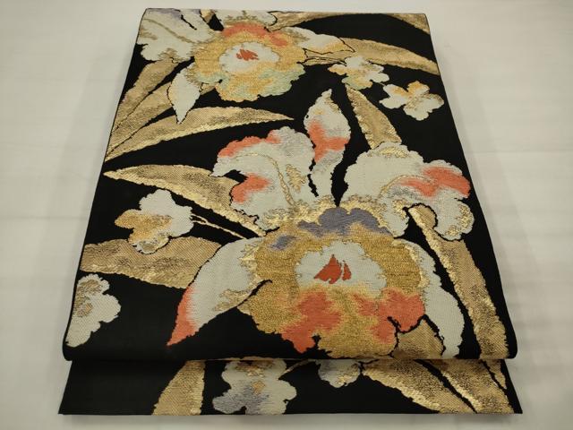 平和屋着物◎西陣 服部織物謹製 六通柄 本袋帯 カトレヤ文様 黒地 金銀糸 正絹 逸品 AABK2312pf
