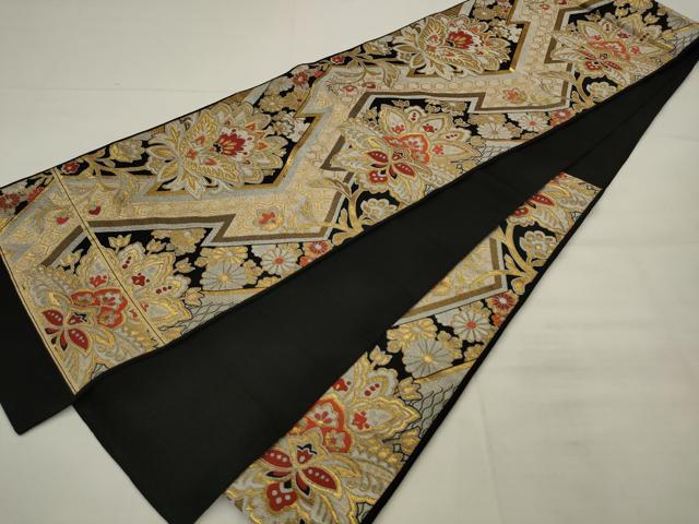 平和屋着物◎六通柄袋帯 唐織 更紗花文 黒地 金糸 正絹 逸品 AABK2320pf