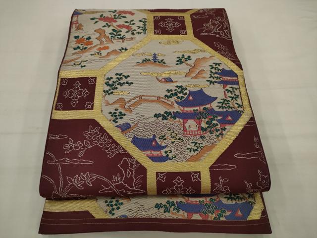 平和屋着物◎六通柄 本袋帯 蜀江風景文 金糸 正絹 逸品 AABK2341pf