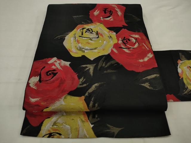 平和屋着物◎八寸名古屋帯 薔薇 黒地 銀糸 正絹 逸品 AABK2344pf