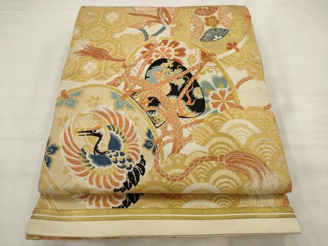 平和屋着物◎アンティーク 大正ロマン 丸帯 花鼓 龍 鶴 金糸 正絹 逸品 AABK2348pf