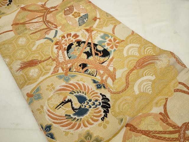 平和屋着物◎アンティーク 大正ロマン 丸帯 花鼓 龍 鶴 金糸 正絹 逸品 AABK2348pf