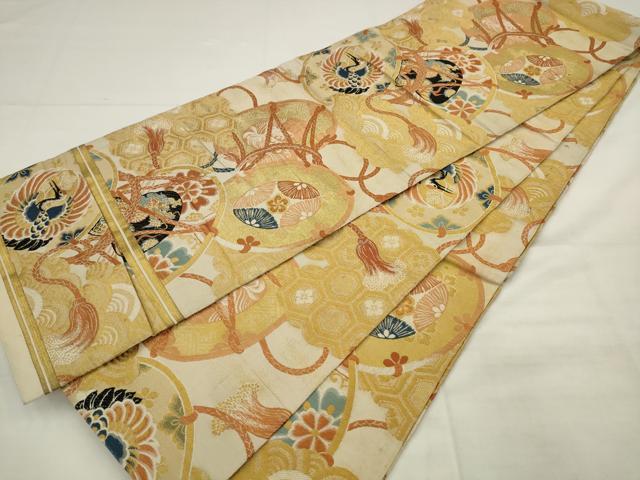 平和屋着物◎アンティーク 大正ロマン 丸帯 花鼓 龍 鶴 金糸 正絹 逸品 AABK2348pf
