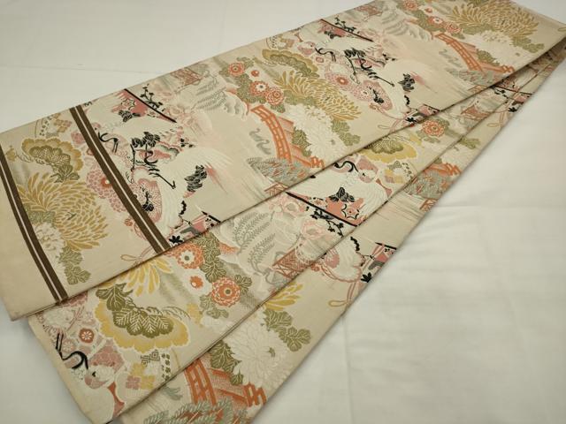 平和屋着物◎アンティーク 大正ロマン 丸帯 飛鶴風景花文 金糸 正絹 逸品 AABK2349pf