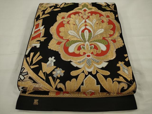 平和屋着物◎六通柄 本袋帯 飾花文 黒地 金糸 正絹 逸品 AABK2359pf