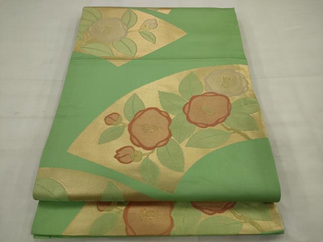 平和屋着物◎九寸開き名古屋帯 地紙草花文 椿 金糸 正絹 逸品 AABK2369pf