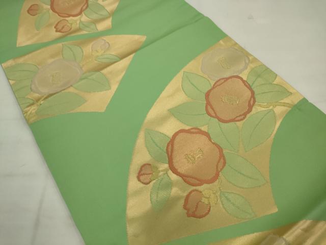 平和屋着物◎九寸開き名古屋帯 地紙草花文 椿 金糸 正絹 逸品 AABK2369pf