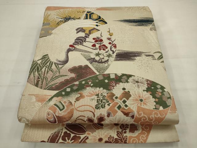 平和屋着物◎アンティーク 大正ロマン 丸帯 引き抜き帯 唐織 飛鶴風景文 正絹 逸品 AABK2371pf