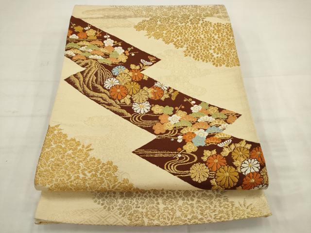平和屋着物◎六通柄袋帯 唐織 草花文 梅 松 金銀糸 正絹 逸品 AABK2373pf