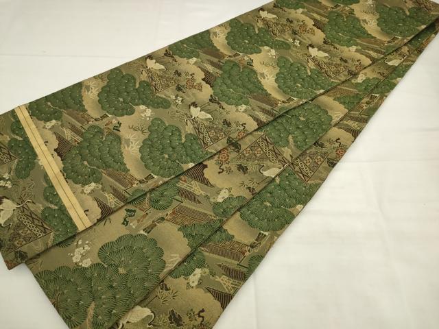 平和屋着物◎アンティーク 大正ロマン 丸帯 引き抜き帯 人物風景文 鶴 金糸 正絹 逸品 AABK2404pf