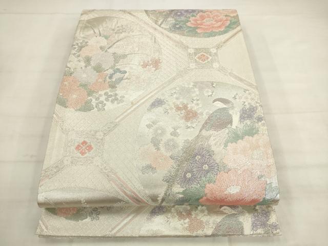 平和屋着物◎本佐賀錦 六通柄袋帯 蜀江花鳥文 プラチナ 正絹 逸品 AABK2407pf