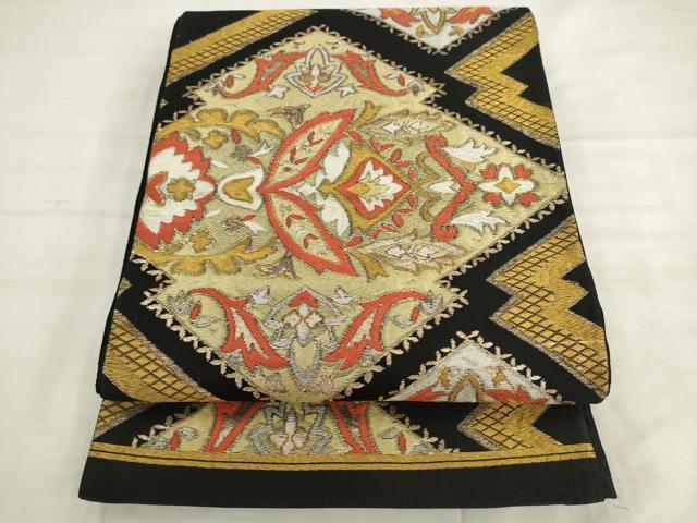 平和屋着物◎六通柄 京袋帯 唐織 松皮菱花文 黒地 金糸 正絹 逸品 AABK2418pf