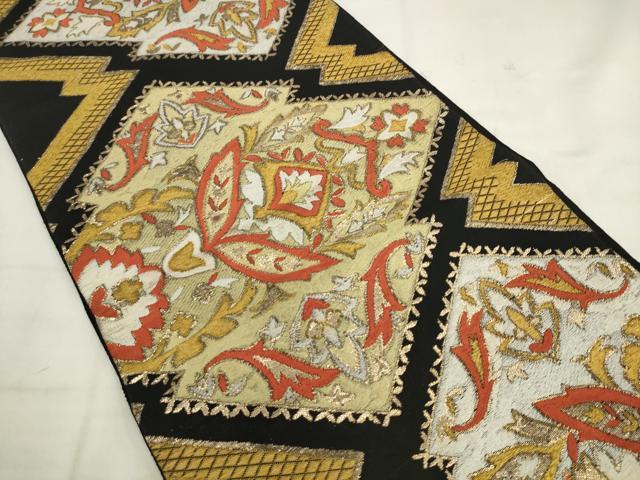 平和屋着物◎六通柄 京袋帯 唐織 松皮菱花文 黒地 金糸 正絹 逸品 AABK2418pf