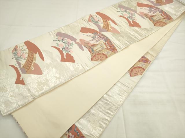 平和屋着物◎六通柄袋帯 唐織 地紙重ね御所車花文 金銀糸 正絹 逸品 AABK2428pf