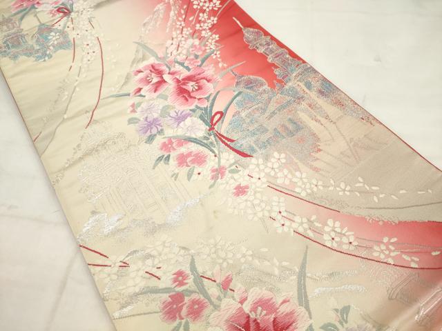 平和屋着物◎六通柄袋帯 唐織 風景花文 銀糸 正絹 逸品 AABK2431pf