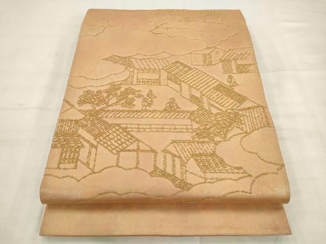 平和屋着物◎中国三大刺繍 相良刺繍 太鼓柄袋帯 総刺繍 人物風景文 金糸 正絹 逸品 AABK2441pf