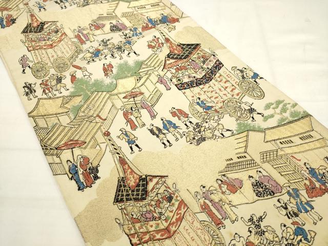 平和屋着物◎六通柄袋帯 唐織 人物風景文 金糸 正絹 逸品 AABK2457pf