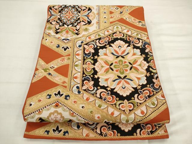 平和屋着物◎六通柄袋帯 唐織 亀甲花文 金糸 正絹 逸品 AABK2461pf
