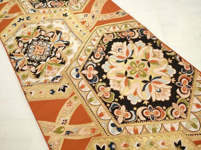 平和屋着物◎六通柄袋帯 唐織 亀甲花文 金糸 正絹 逸品 AABK2461pf