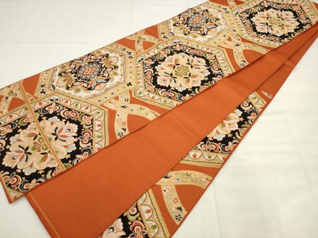 平和屋着物◎六通柄袋帯 唐織 亀甲花文 金糸 正絹 逸品 AABK2461pf