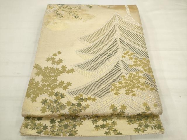 平和屋着物◎六通柄袋帯 風景文 銀糸 正絹 逸品 AABK2462pf