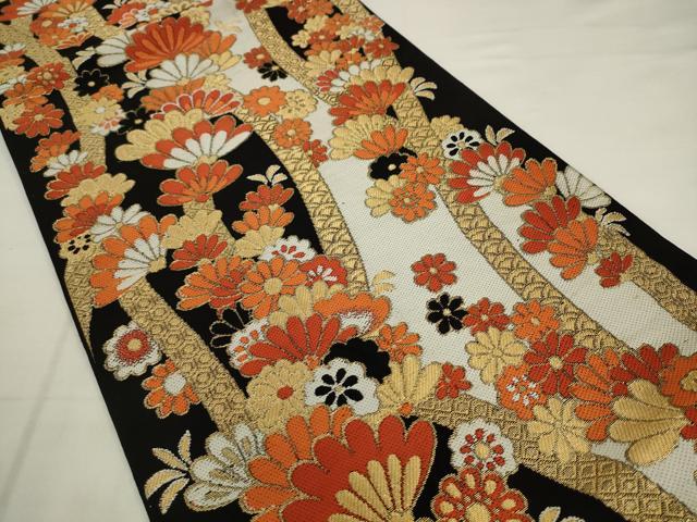 平和屋着物◎六通柄 京本袋帯 唐織 草花文 黒地 金糸 正絹 逸品 AABK2474pf