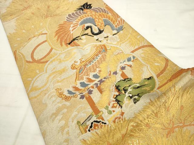 平和屋着物◎アンティーク 大正ロマン 丸帯 唐織 飛鶴風景文 金銀糸 正絹 逸品 AABK2475pf