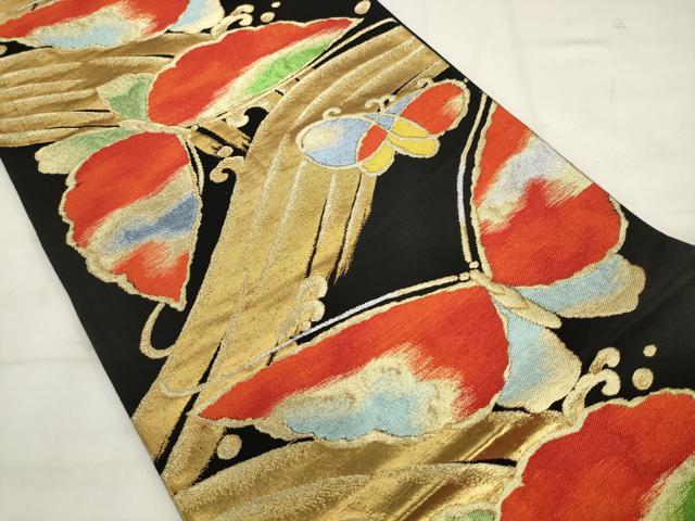平和屋着物◎六通柄袋帯 立波舞蝶文 黒地 金銀糸 正絹 逸品 AABK2489pf