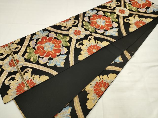 平和屋着物◎六通柄 本袋帯 唐織 飾花文 黒地 金糸 正絹 逸品 AABK2490pf