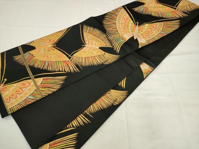 平和屋着物◎六通柄袋帯 舞蝶文 黒地 金銀糸 正絹 逸品 AABK2491pf