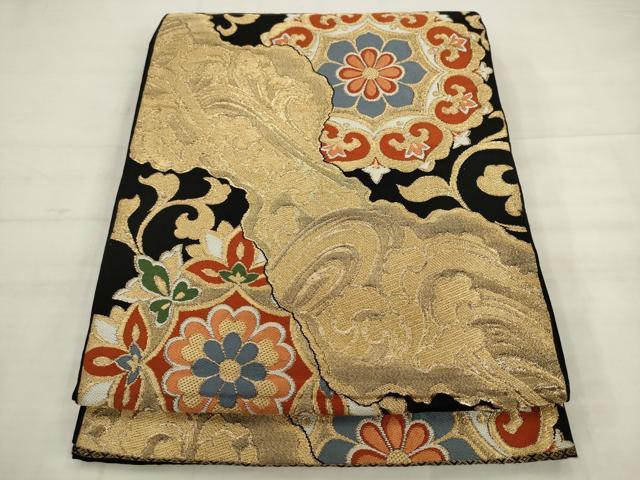 平和屋着物◎六通柄 本袋帯 唐織 立波花文 黒地 金糸 正絹 逸品 AABK2498pf