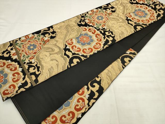 平和屋着物◎六通柄 本袋帯 唐織 立波花文 黒地 金糸 正絹 逸品 AABK2498pf
