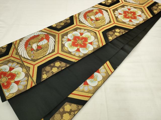 平和屋着物◎六通柄袋帯 唐織 鳳凰亀甲花文 黒地 金糸 正絹 逸品 AABK2499pf