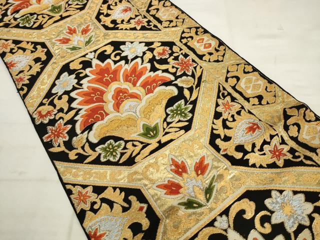 平和屋着物◎六通柄 本袋帯 唐織 蜀江更紗花文 黒地 金銀糸 正絹 逸品 AABK2502pf