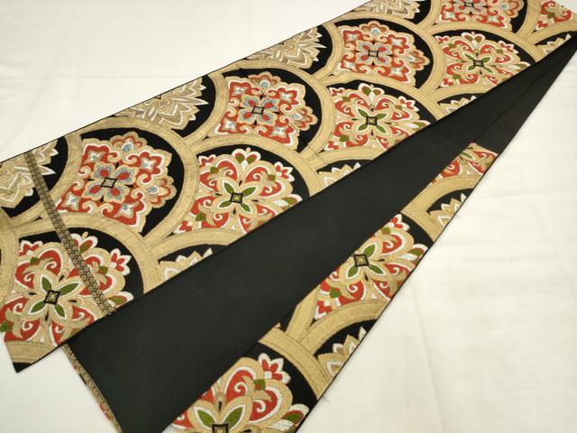 平和屋着物◎六通柄 本袋帯 唐織 花青海波 黒地 金糸 正絹 逸品 AABK2504pf
