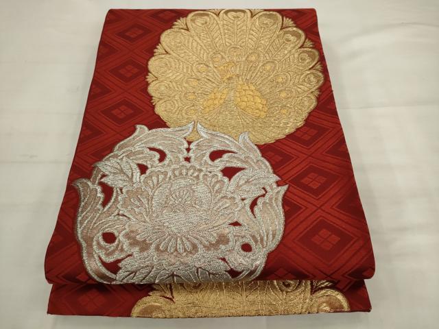 平和屋着物◎六通柄袋帯 唐織 孔雀花文 金銀糸 正絹 逸品 AABK2509pf