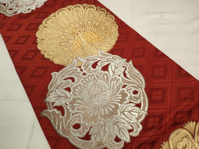 平和屋着物◎六通柄袋帯 唐織 孔雀花文 金銀糸 正絹 逸品 AABK2509pf